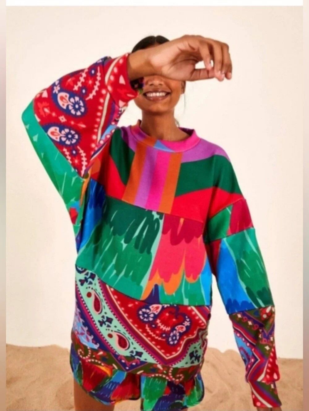 NWT FARM RIO women's oversized mixed red prints sweatshirt size M